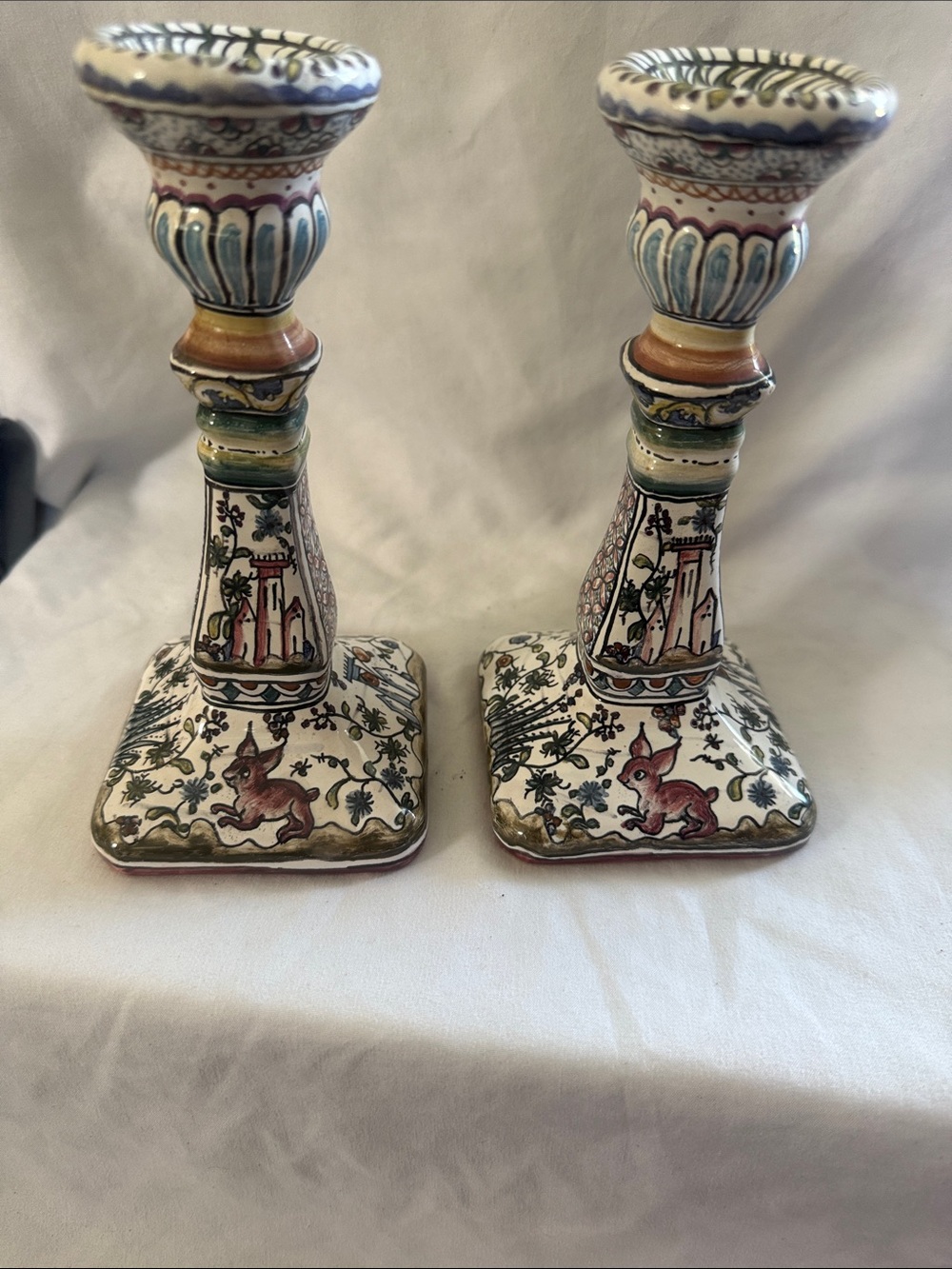 Hand-Painted Ceramic Candle Holders in Cream with Green and Pink Accents